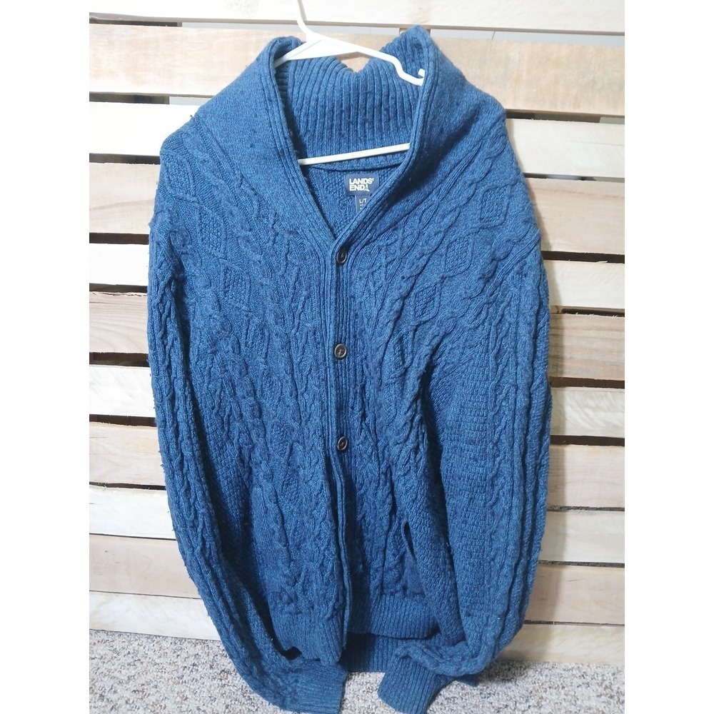 Lands End Men's Cardigan Sweater Grandpa Cableknit Shawl Large Wool Blend!